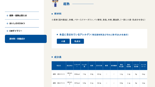 見やすさ更新しやすさにも配慮した商品ラインアップページの原材料・成分表。